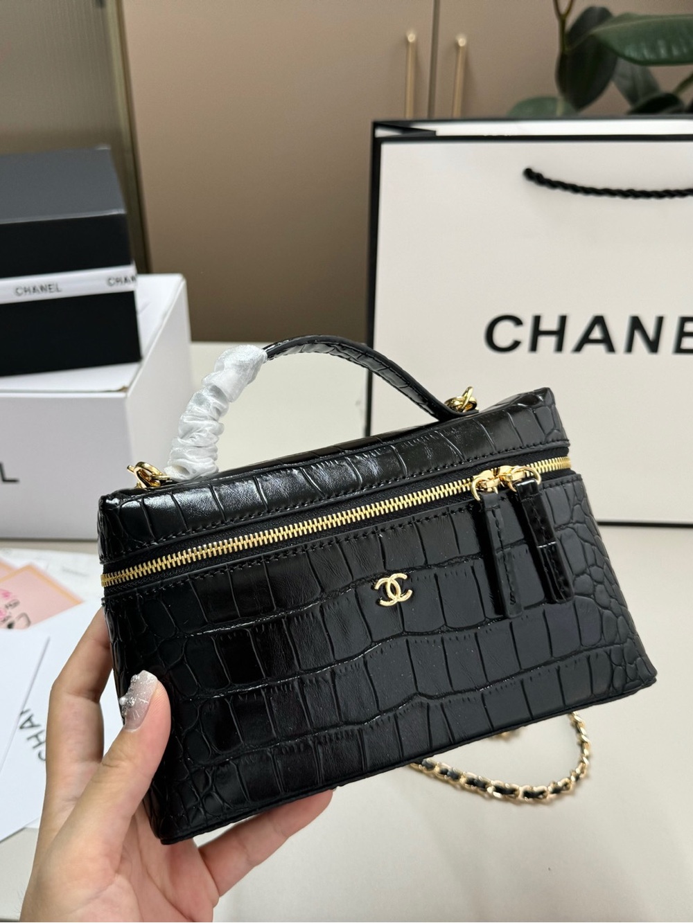 Chanel Black Croc-Embossed Top Handle Bag with Gold Hardware